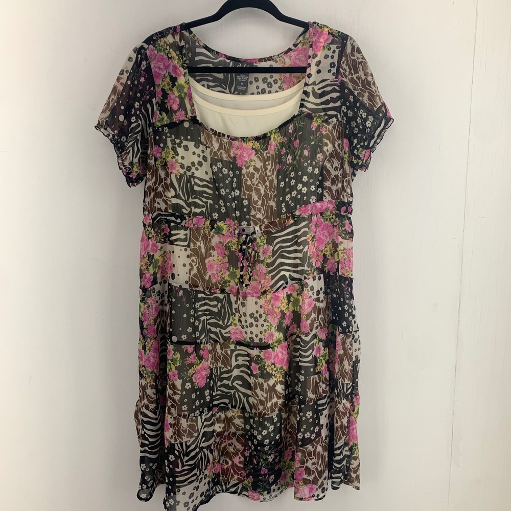 Y2K Whimsigoth Womens 1X‎ Patchwork Tiered Dress Zebra Floral Boho Maximalist